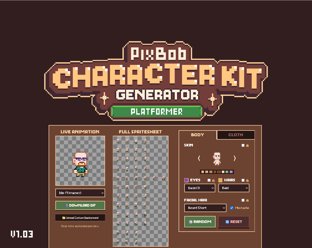 PixBob Character Generator platformer sprite tool preview